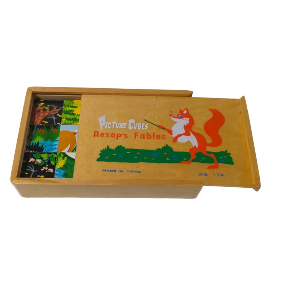 VINTAGE Aesop's Fables Block Puzzle Set with Story Picture Book Wood Box